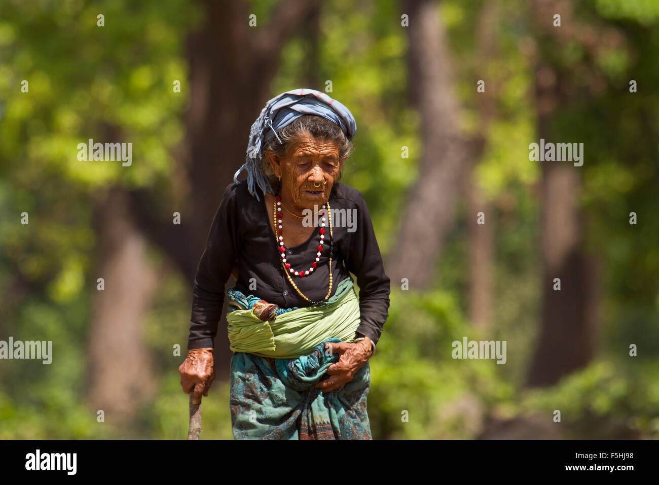 Very old traditional tharu woman in nepali terai Stock Photo