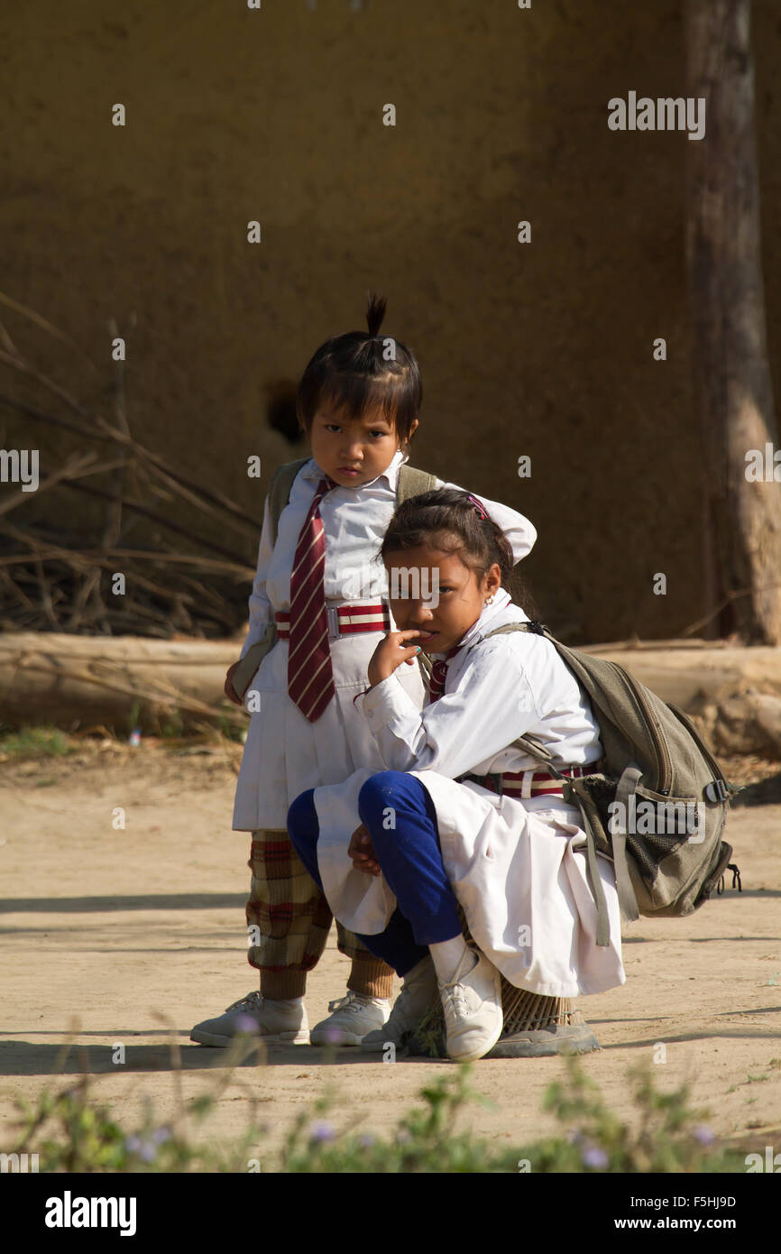 Two young nepali girls with school uniform in Nepali terai Stock Photo