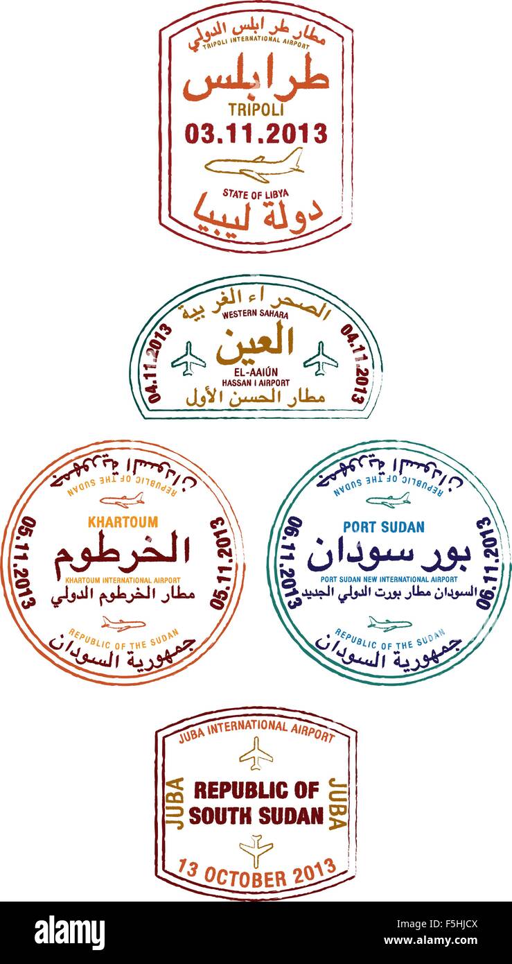 Stylized passport stamps of Libya, Western Sahara, Sudan and South Sudan in vector format. Stock Vector