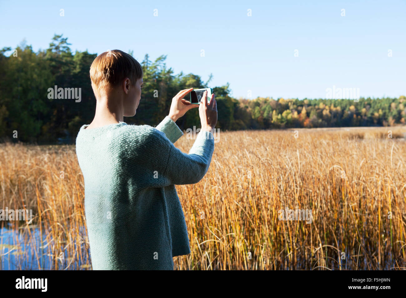 Sweden, Sodermanland, Nacka, Woman taking pictures of wetland Stock Photo