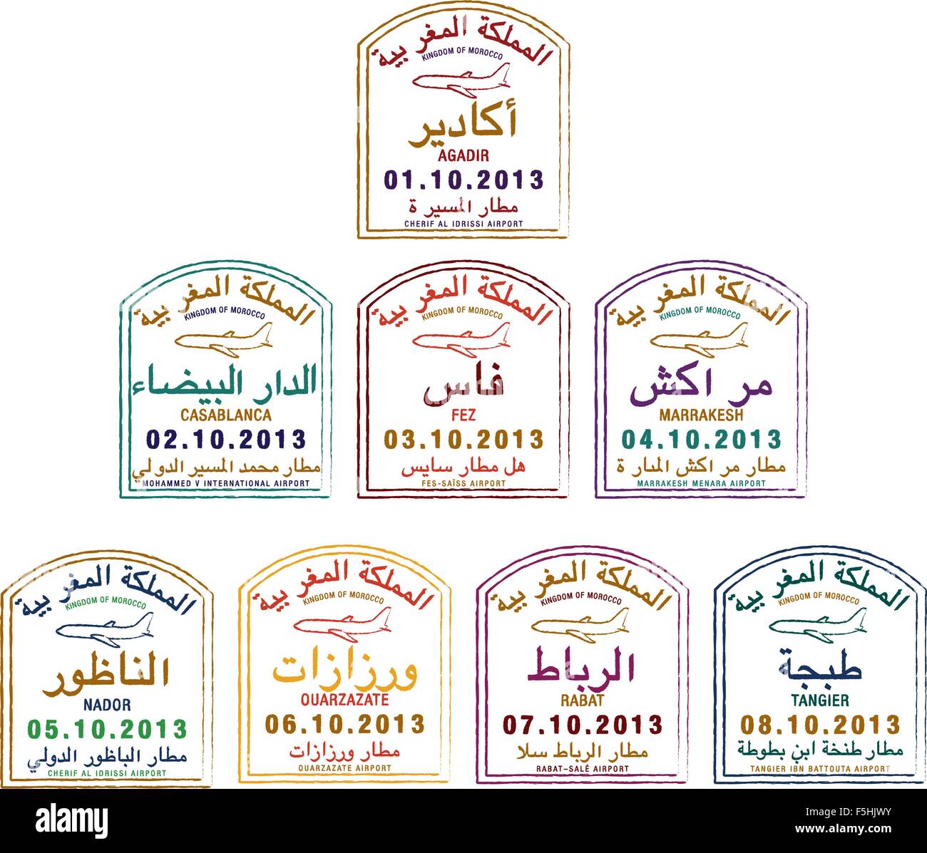 Stylized passport stamps of Morocco in vector format. Stock Vector