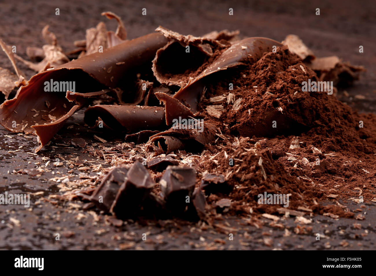 Dark chocolate shavings and sprinkled cocoa powder Stock Photo