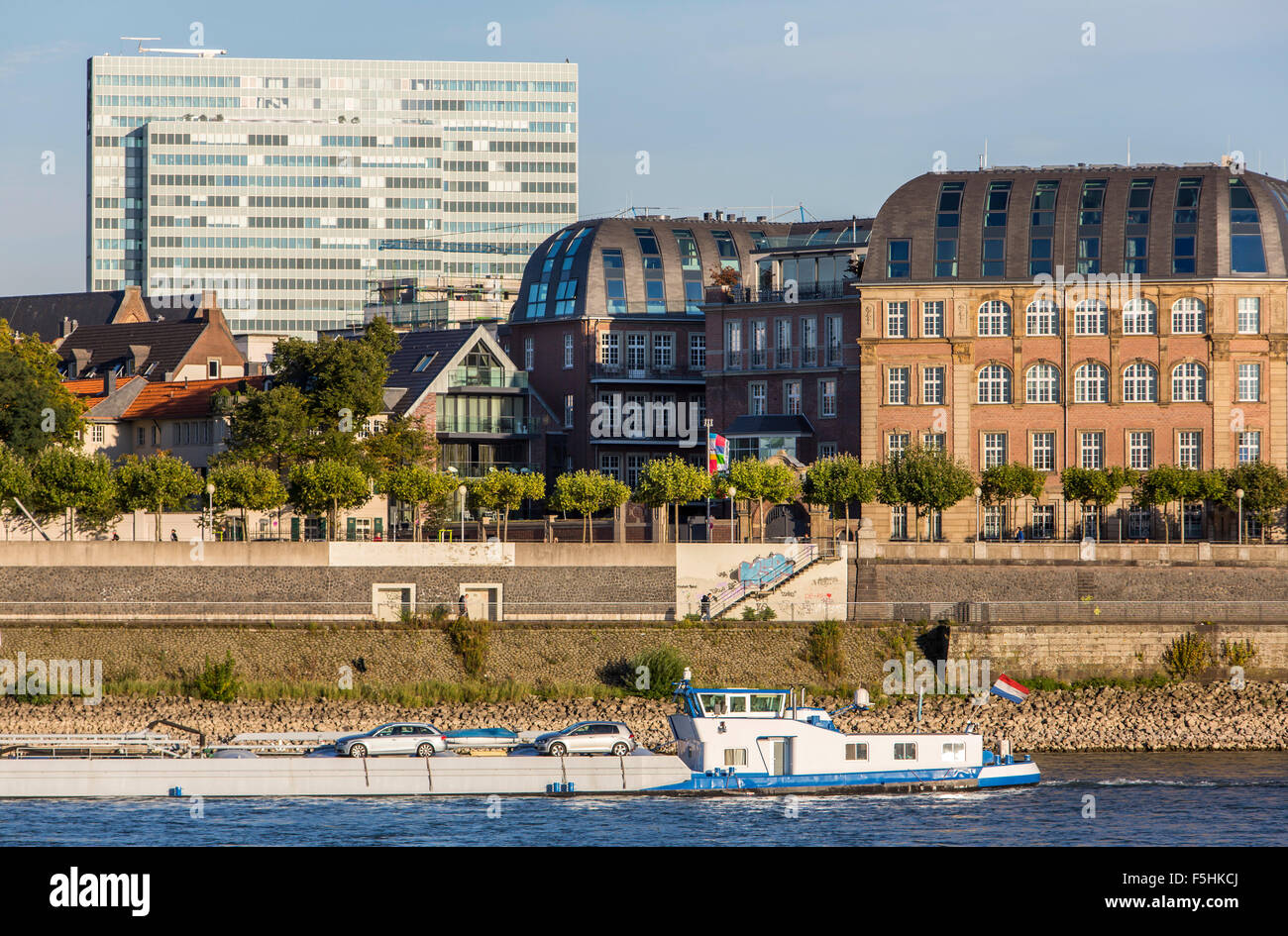 City of Düsseldorf, river Rhine, promenade, old town, skyline, Stock Photo