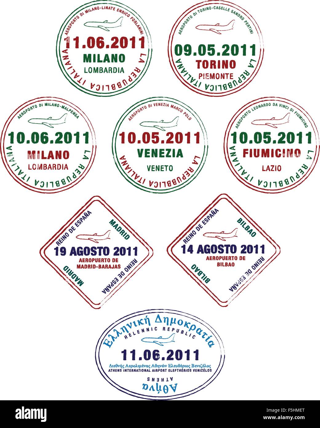Passport stamps from France, Italy and Greece in vector format. Stock Vector