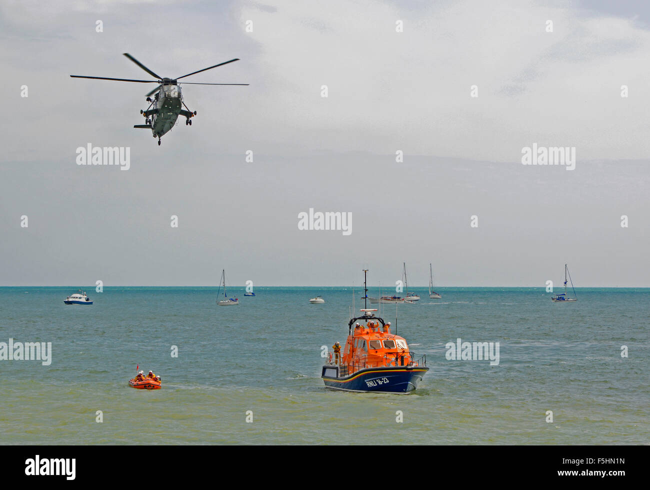 Helicopter and lifeboat rescue demonstration at the Eastbourne Airshow, East sussex, England Stock Photo