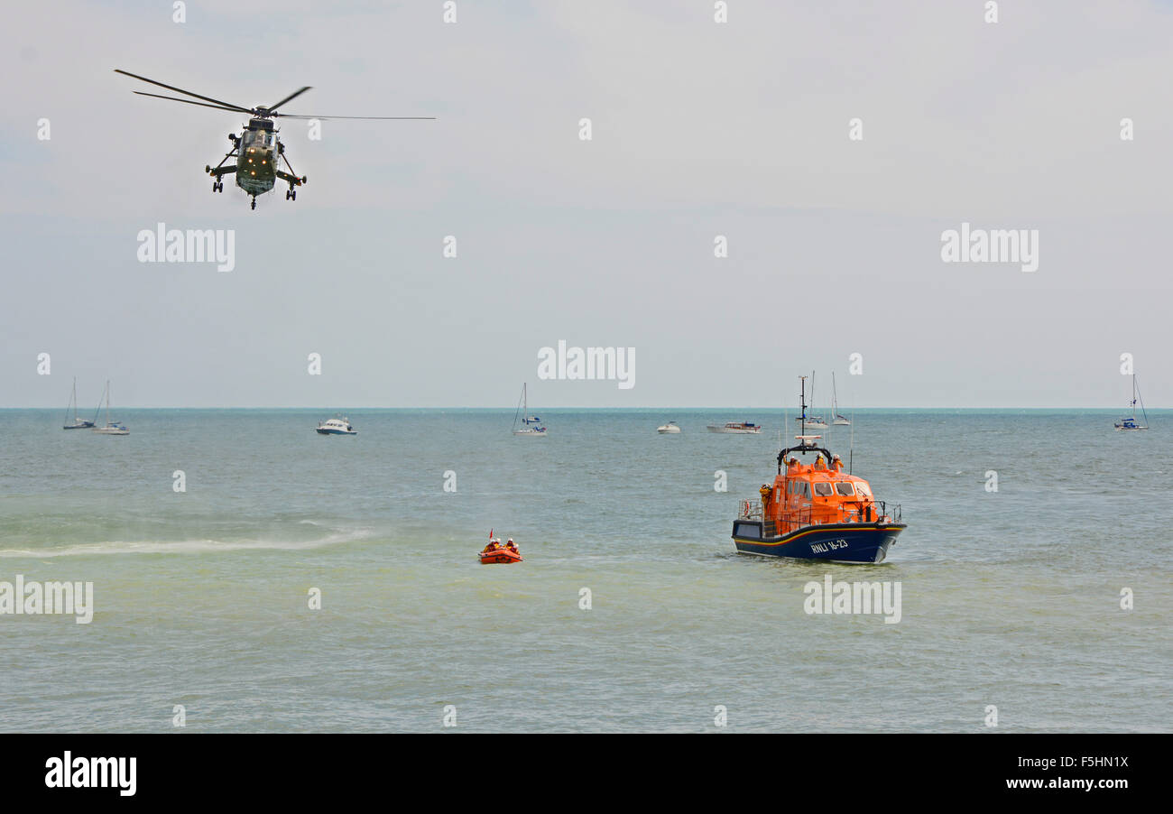 Helicopter and lifeboat rescue demonstration at the Eastbourne Airshow, East sussex, England Stock Photo
