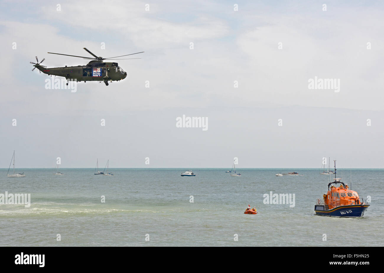 Helicopter and lifeboat rescue demonstration at the Eastbourne Airshow, East sussex, England Stock Photo