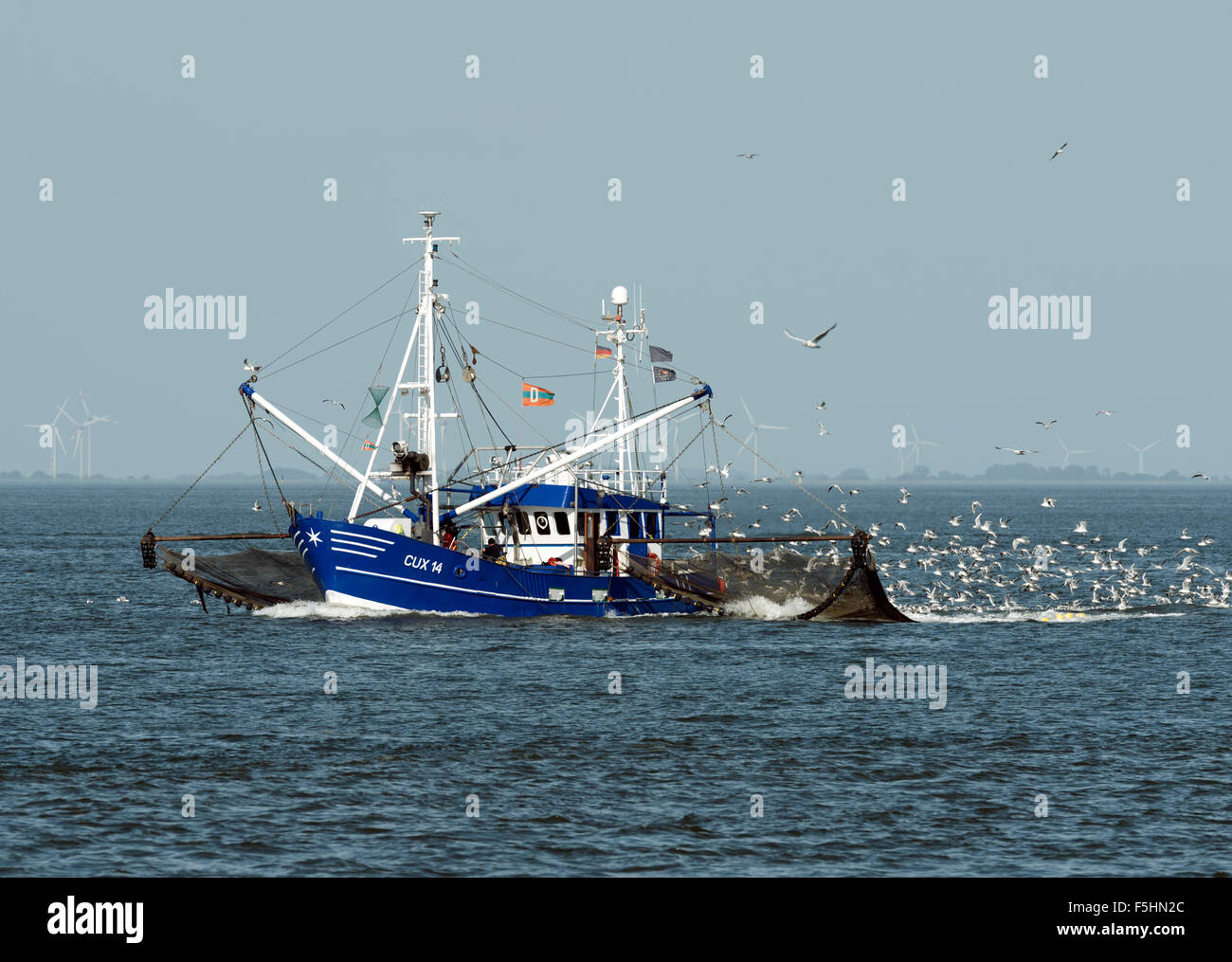 Cuxhaven, Germany, shrimp boats with beam trawl CUX 14 Stock Photo
