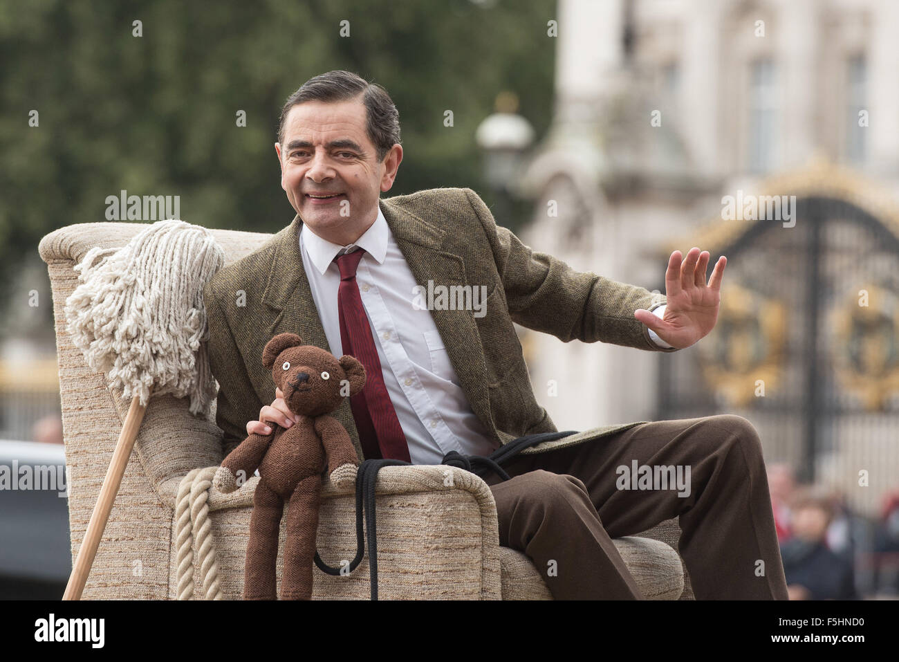 The British comedy icon, Mr. Bean is celebrating 25 years of success in and heading to Buckingham Palace.  Featuring: Rowan Atkinson Where: London, United Kingdom When: 04 Sep 2015 Stock Photo