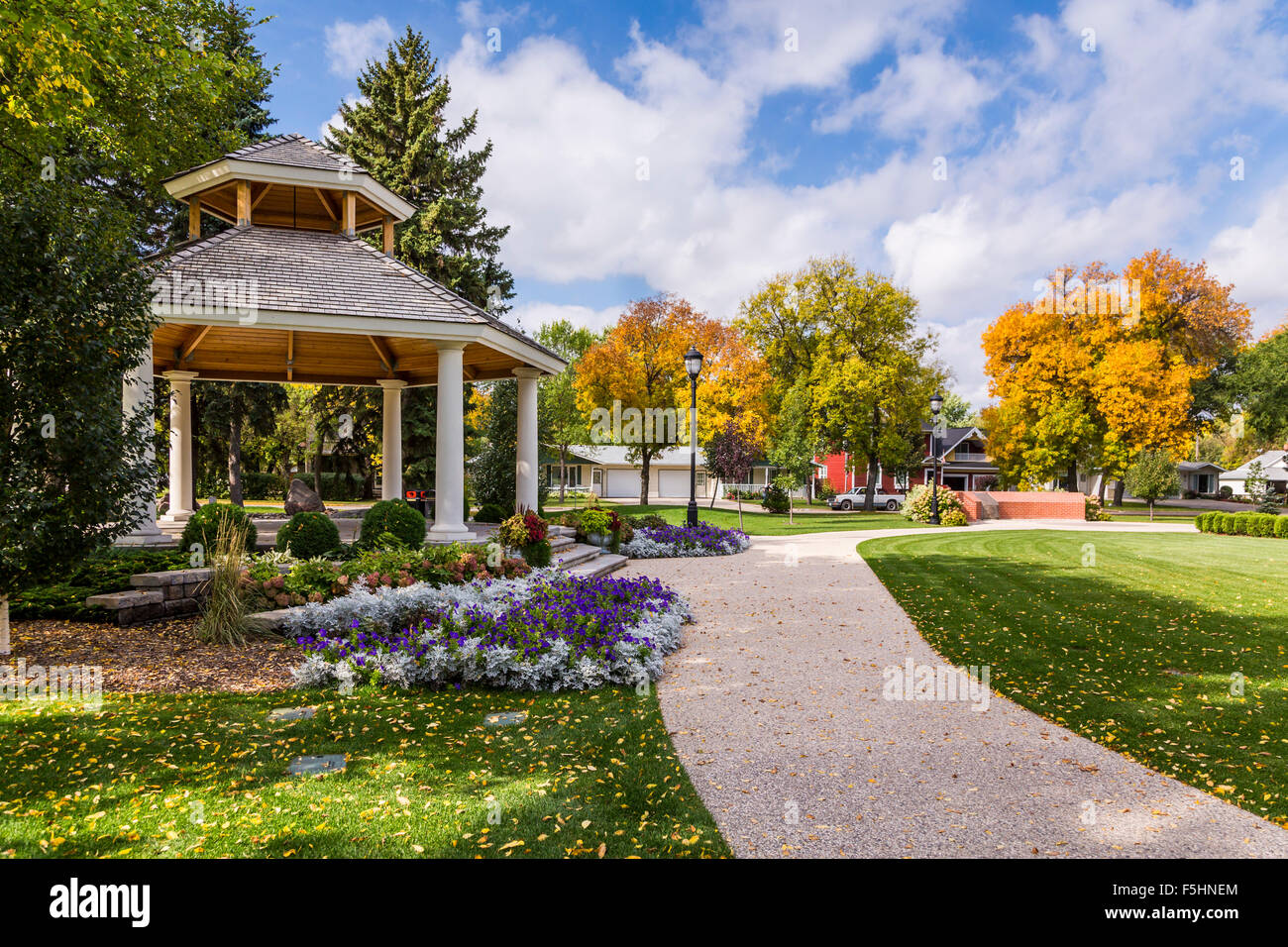 Flower beds and fall foliage color in the Bethel Heritage Park in