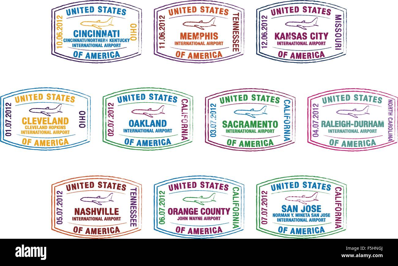 Passport stamps of major US airports in vector format. Stock Vector