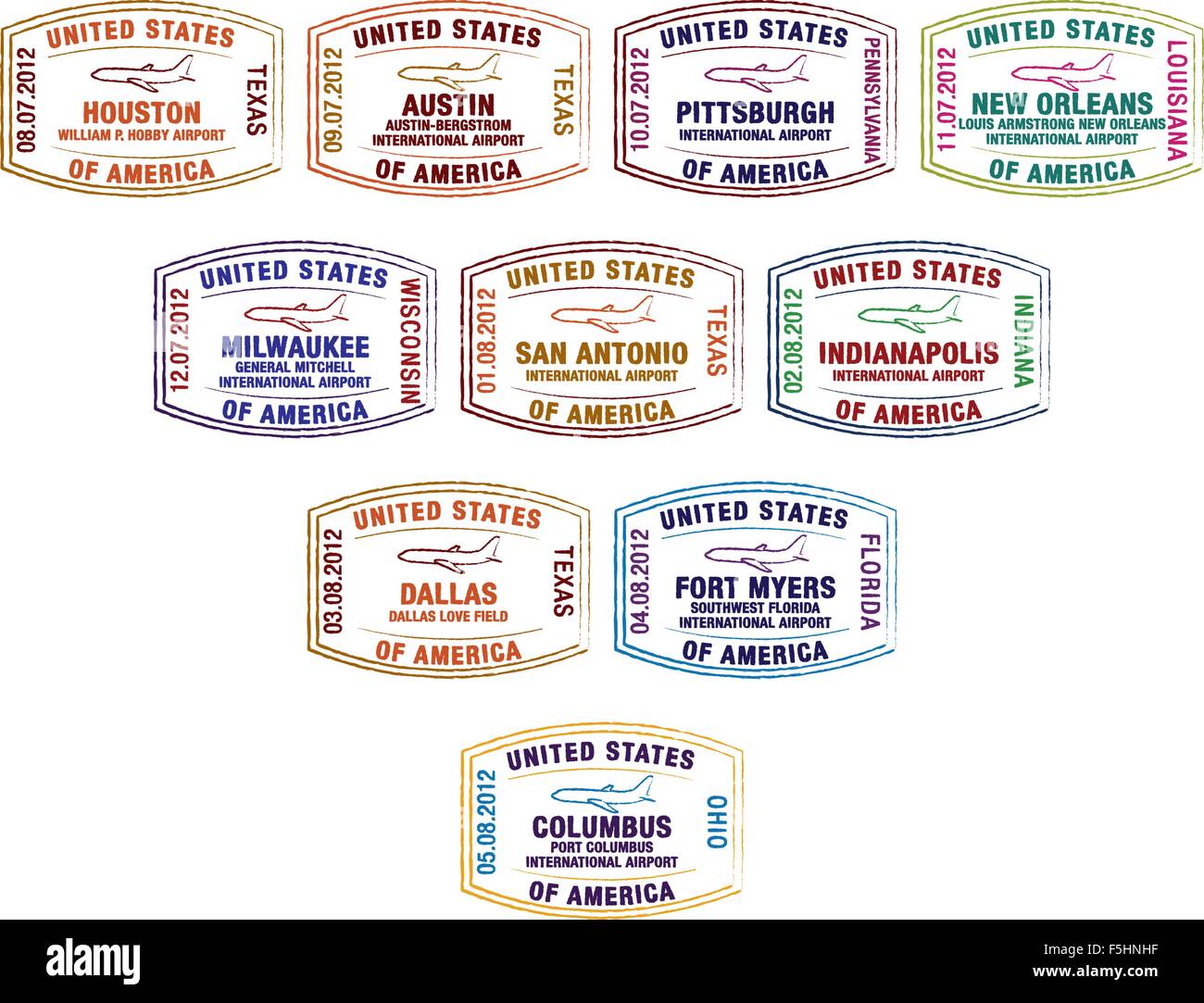 Passport stamps of major US airports in vector format Stock Vector