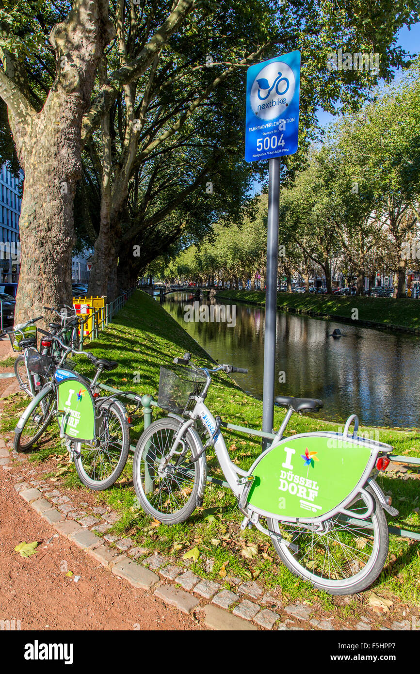 Bikes for rent, Nextbike company, in the city of Düsseldorf, Germany, city  bikes for rent Stock Photo - Alamy