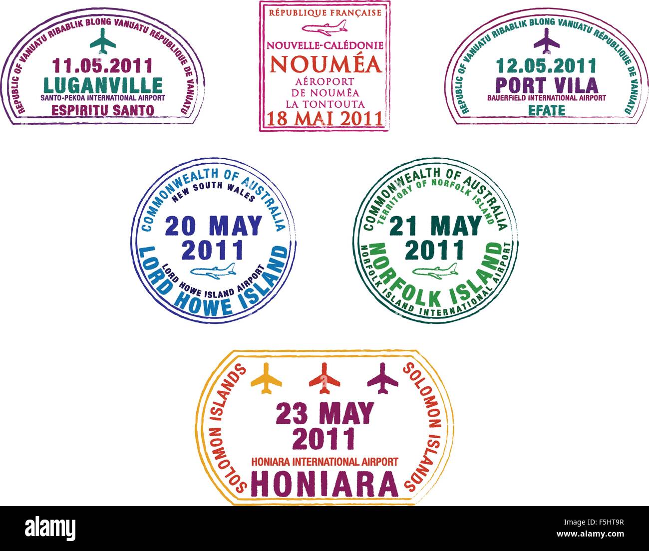Passport stamps from the western Pacific Island countries in vector format. Stock Vector