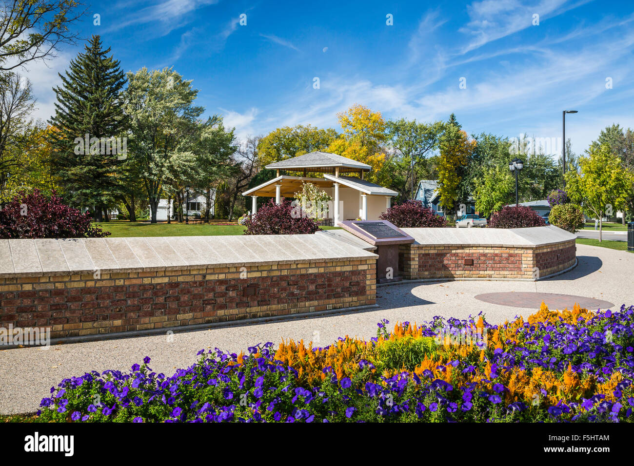 Flower beds and fall foliage color in the Bethel Heritage Park in