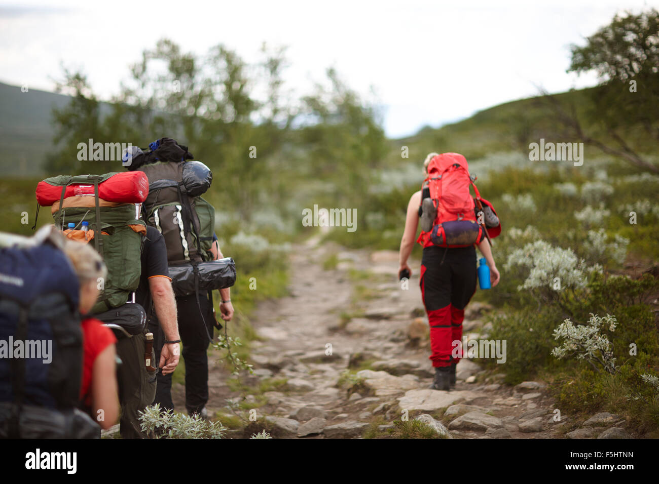 Sweden, Jamtland, People hiking with backpacks Stock Photo