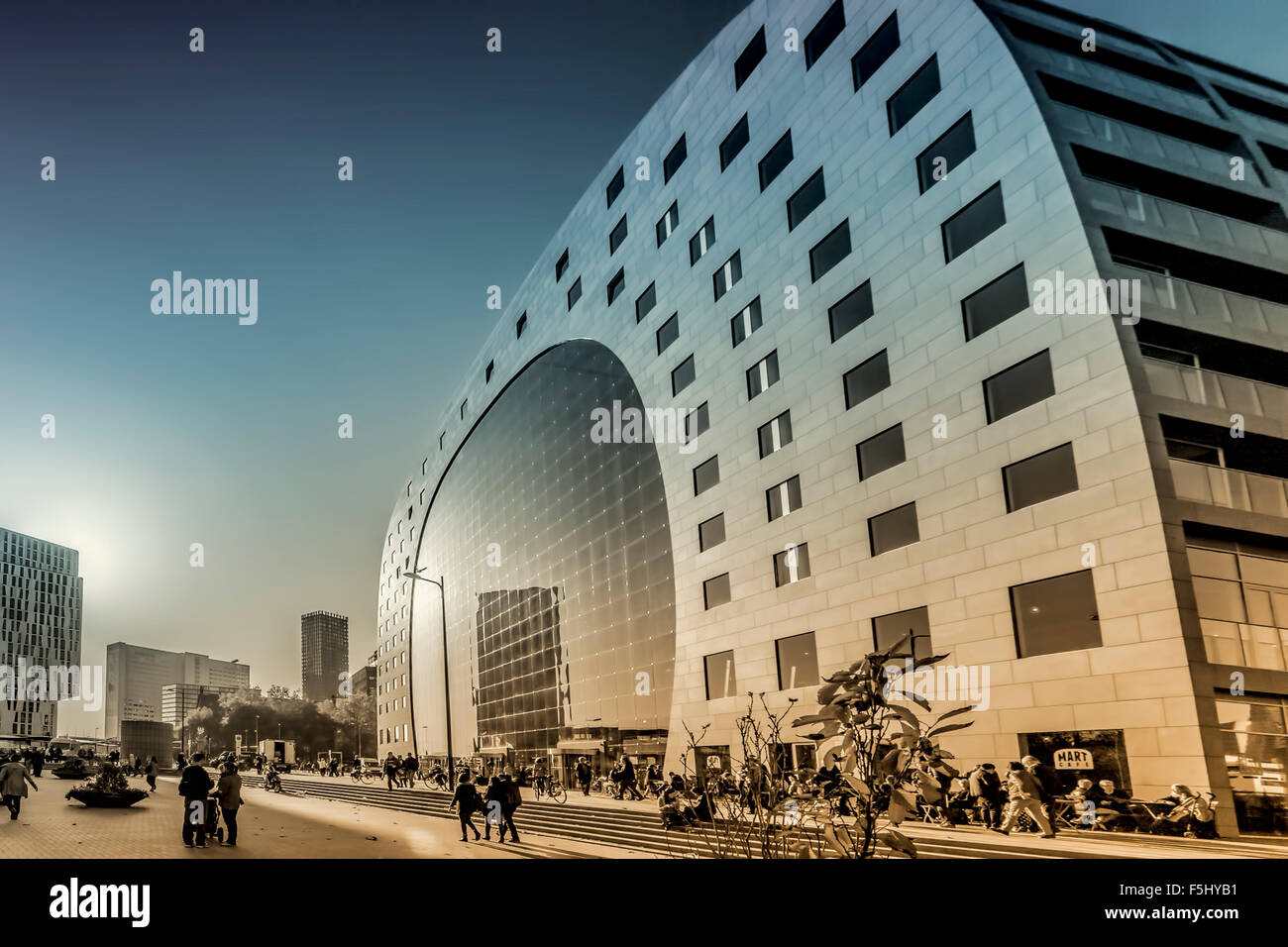 Exterior view of the new Market hall ( Markthal ) in Rotterdam, South Holland, The Netherlands. Digital art and illustration. Stock Photo