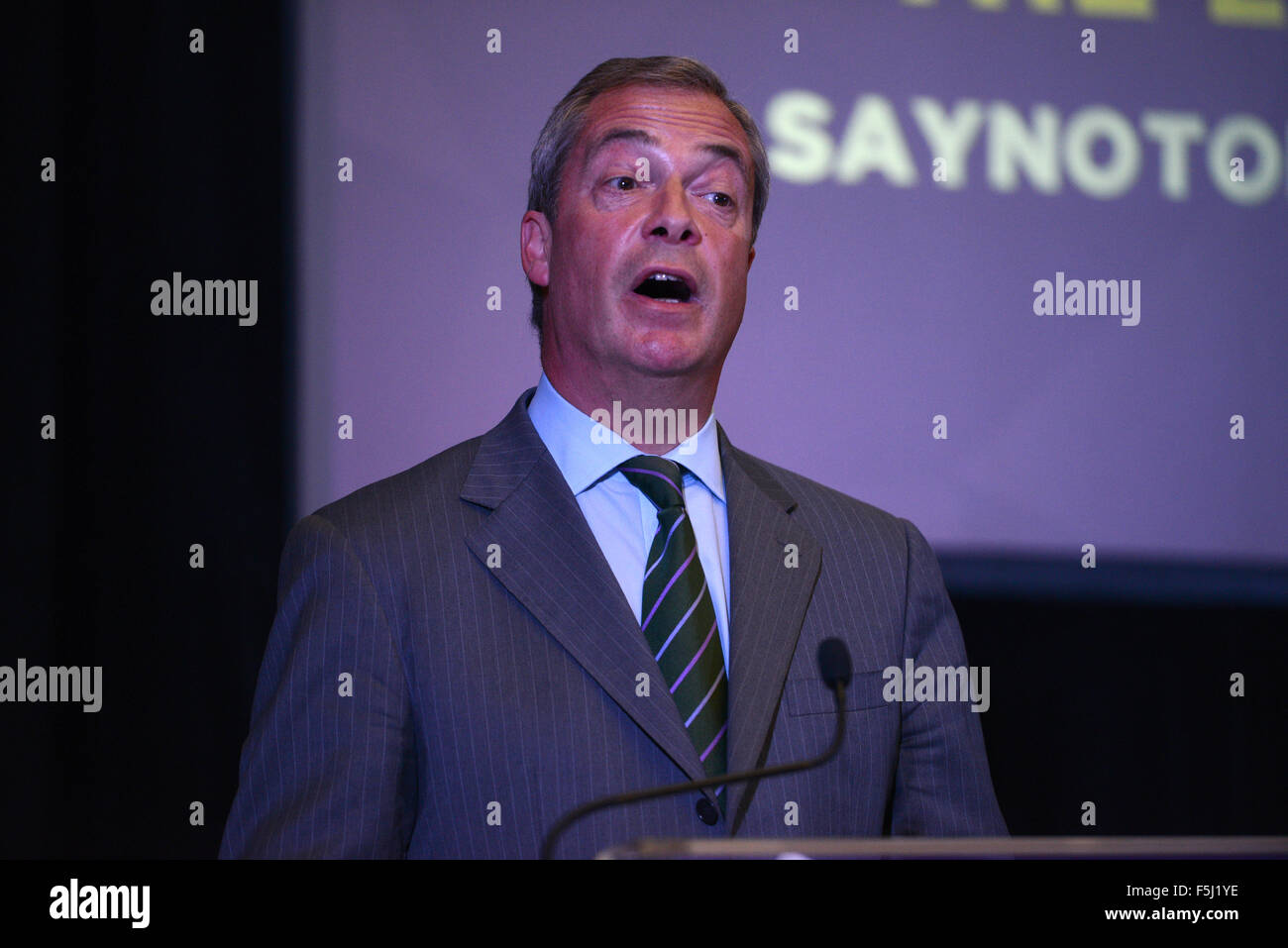 UKIP leader Nigel Farage addresses a press conference at the start of their campaign to take Britain out of the European Union.  Featuring: Nigel Farage Where: London, United Kingdom When: 04 Sep 2015 Stock Photo