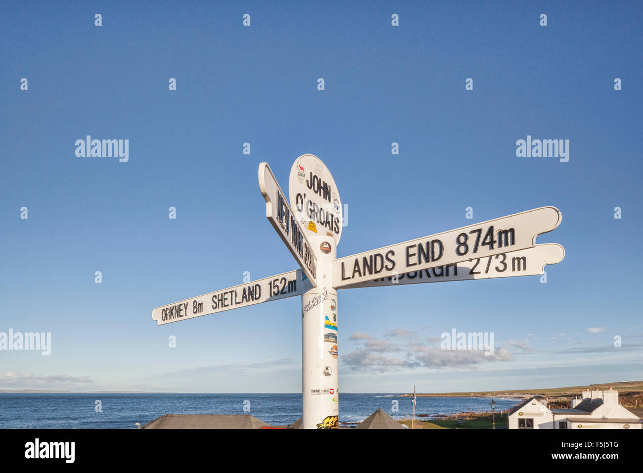 Signpost at John o' Groats, the furthest north-east inhabited point of mainland Britain. Stock Photo
