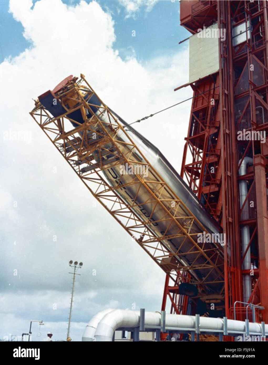 Image of an Atlas missile at the launch site, showing the missile's ...