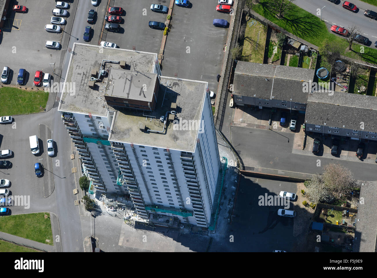 An aerial view of a block of flats being refurbished in Wednesbury