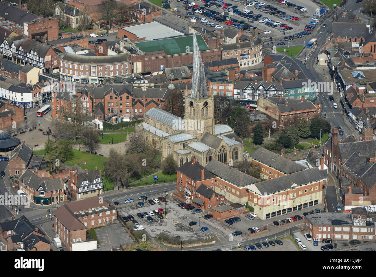 An aerial view of the Church of St Mary and All Saints in Chesterfield, Derbyshire. The famous Crooked Spire Stock Photo