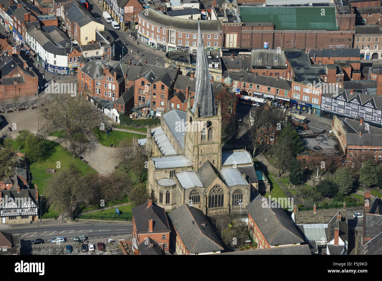 An aerial view of the Church of St Mary and All Saints in Chesterfield, Derbyshire. The famous Crooked Spire Stock Photo