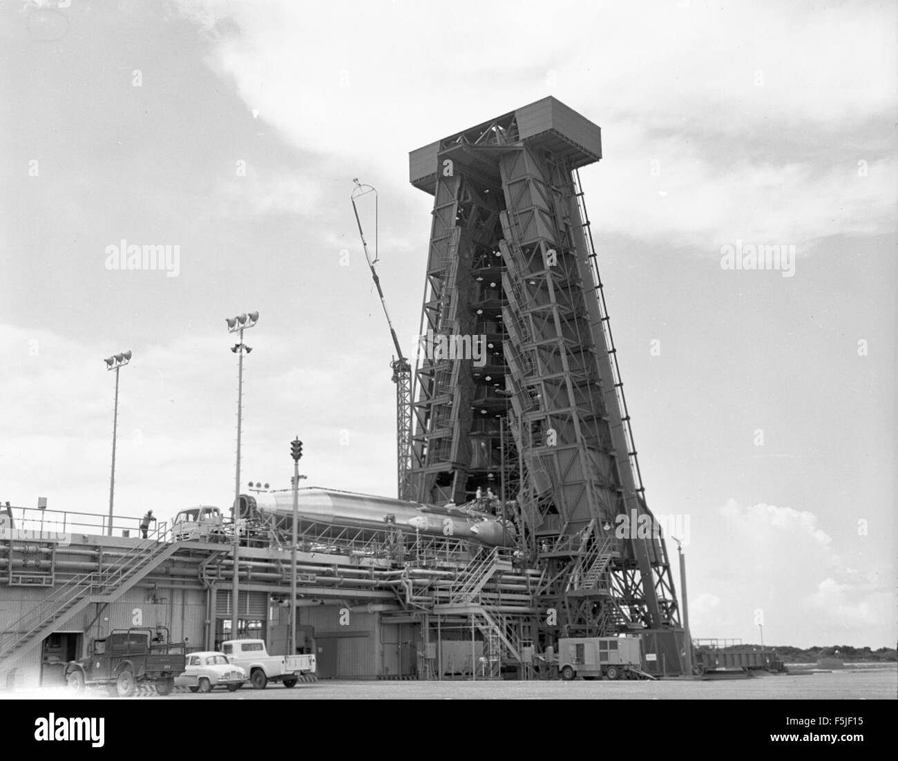 This image shows the erection of the Atlas 30E missile on CCMTA Pad 13 ...