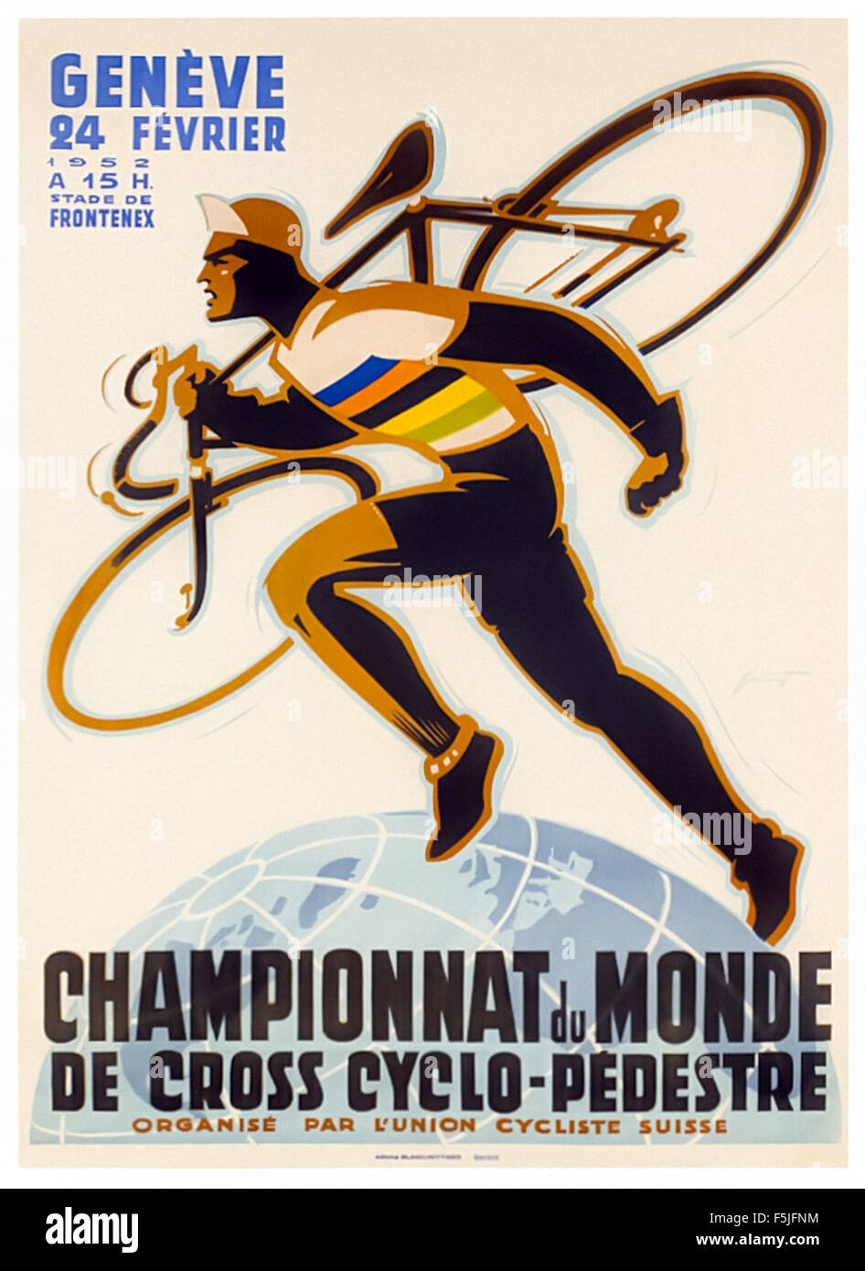 Poster for the Cyclo-cross World Championships 1952 held by L'Union cycliste internationale (UCI) on 24 February 1952 in Geneva, Switzerland; design by Noël Fontanet (1898-1982). Stock Photo