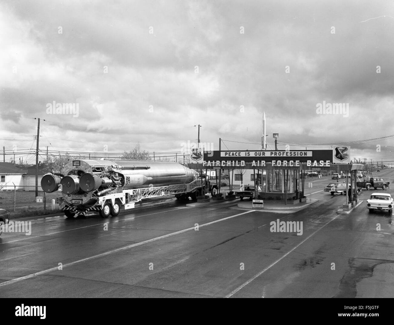 Atlas 42E Missile entering the Main Gate at Fairchild AFB Stock Photo