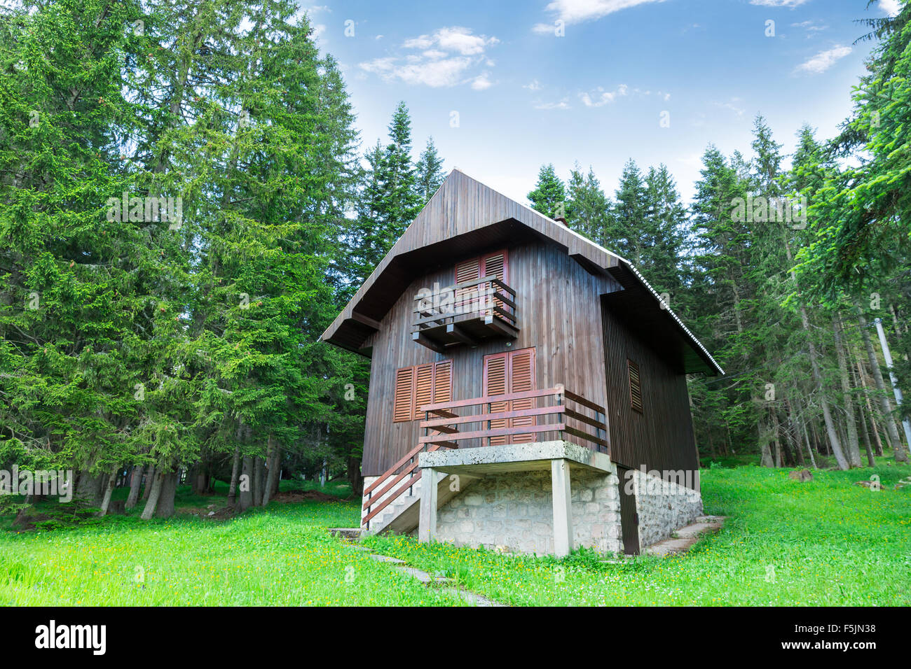 Small wooden house in green forest Stock Photo - Alamy