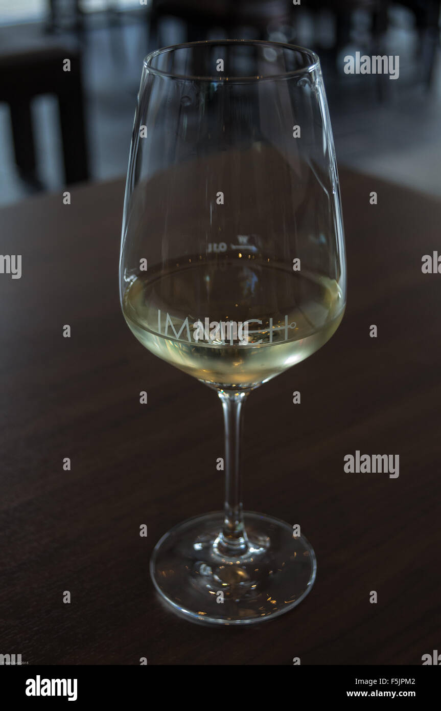 A glass of Dornfelder red wine made by ImmichAnker in an engraved glass, Enkirch, Mosel river