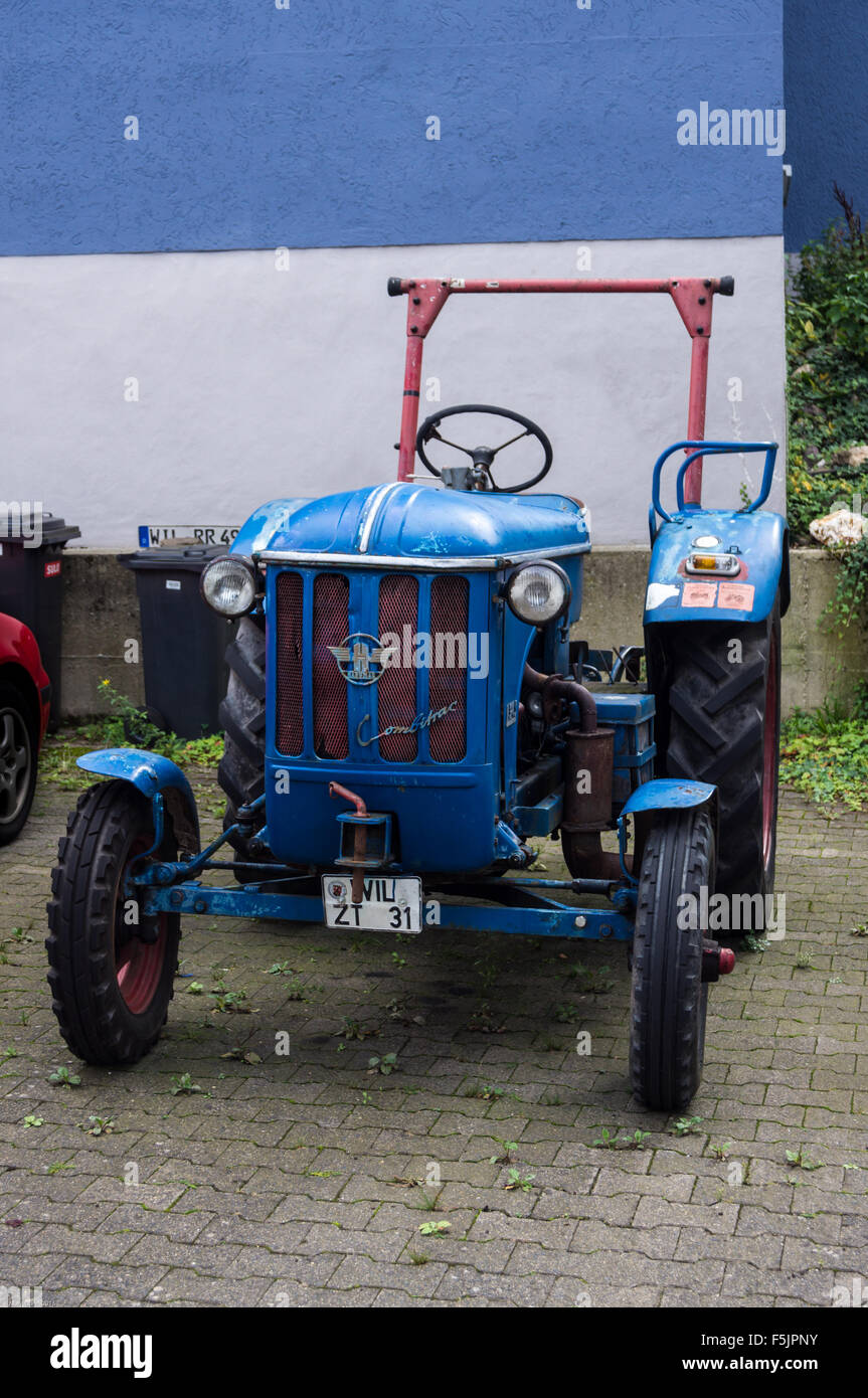 Blue Hanomag Combihac tractor, Enkirch, Mosel river, Rheinland-Pfalz, Germany Stock Photo