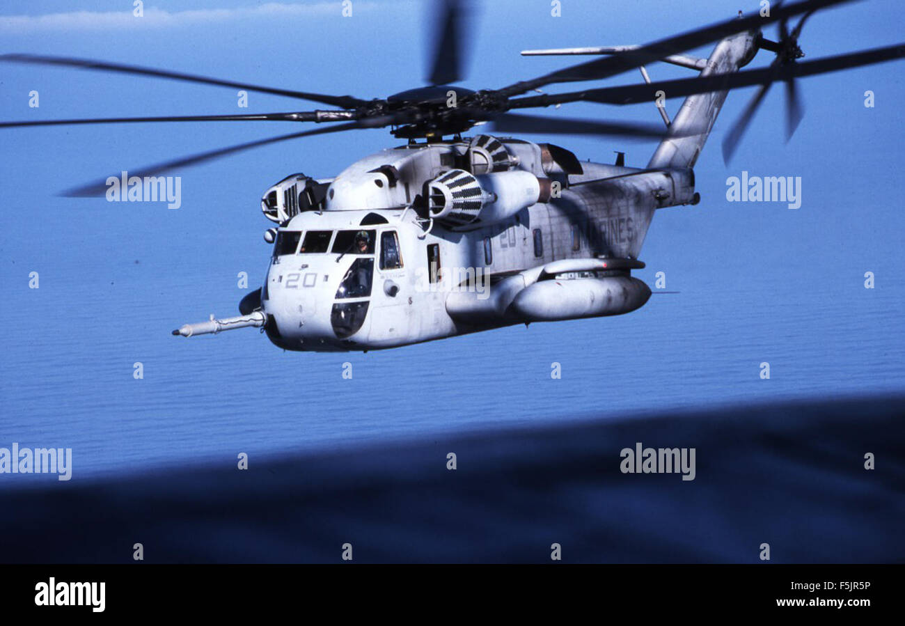 An image of a Sikorsky CH-53A helicopter (153311), belonging to HMH-361, captured at Camp Pendleton in July 1995, showcasing military aviation in action. Stock Photo
