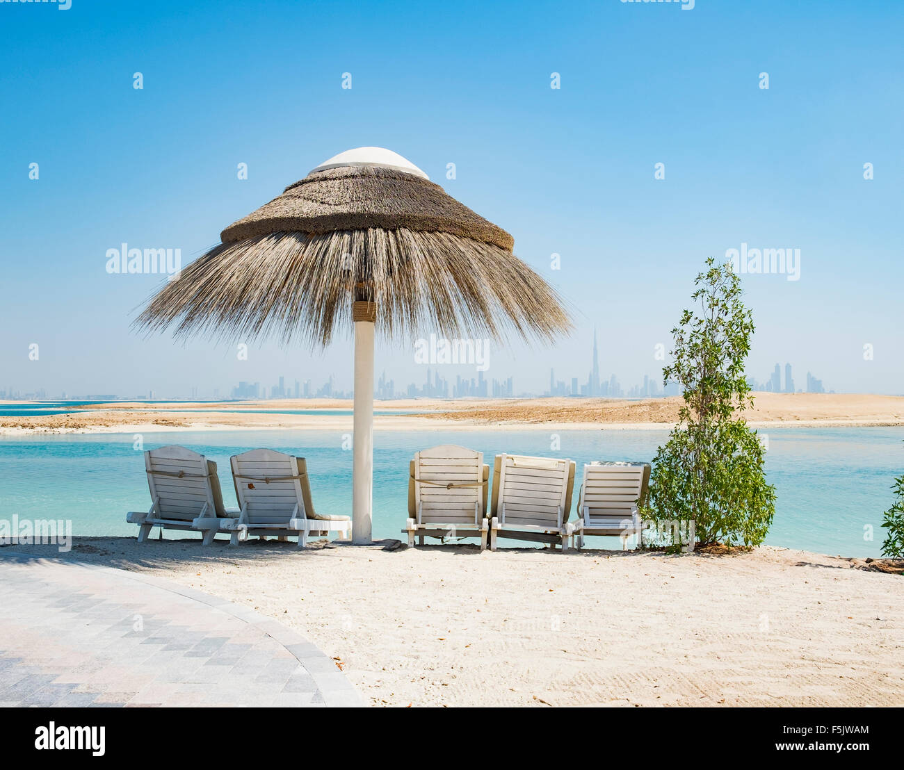 View of The Island Lebanon beach resort on a man made island, part of The World off Dubai coast in  United Arab Emirates Stock Photo