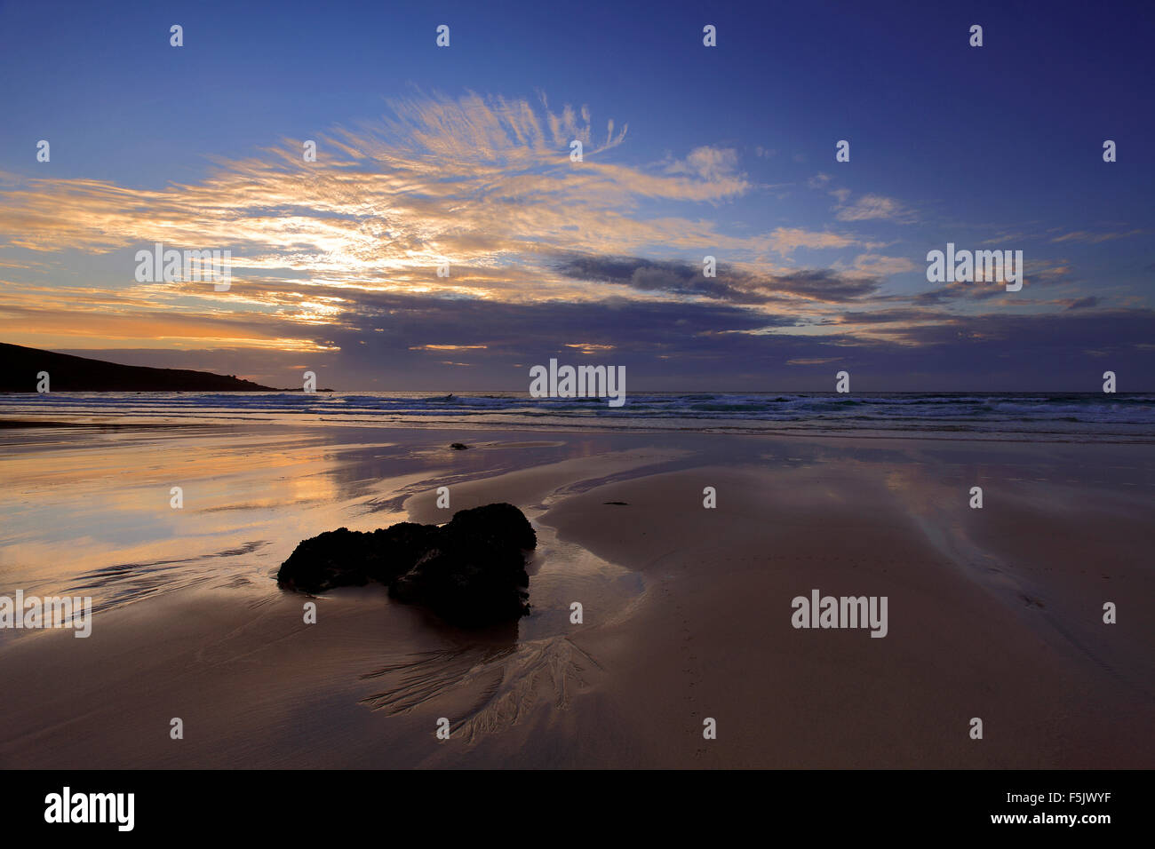 Sunset colours, Porthmeor beach, St Ives town, Cornwall County; England; UK Stock Photo