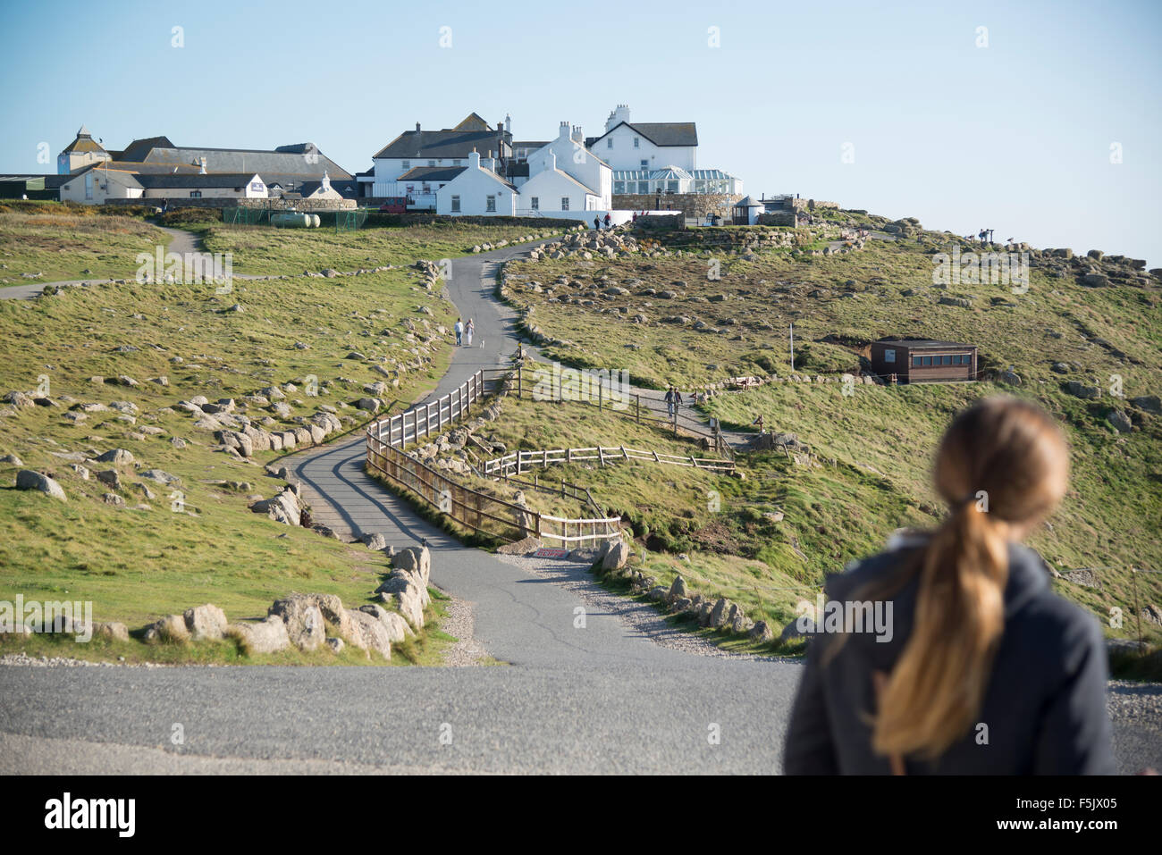A view of a path leading to a tourist complex at lands end in cornwall Stock Photo