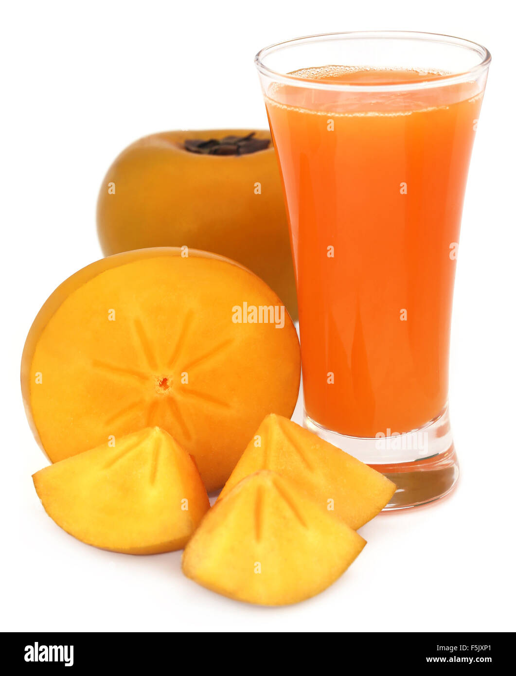 Persimmon juice with fresh fruits over white background Stock Photo