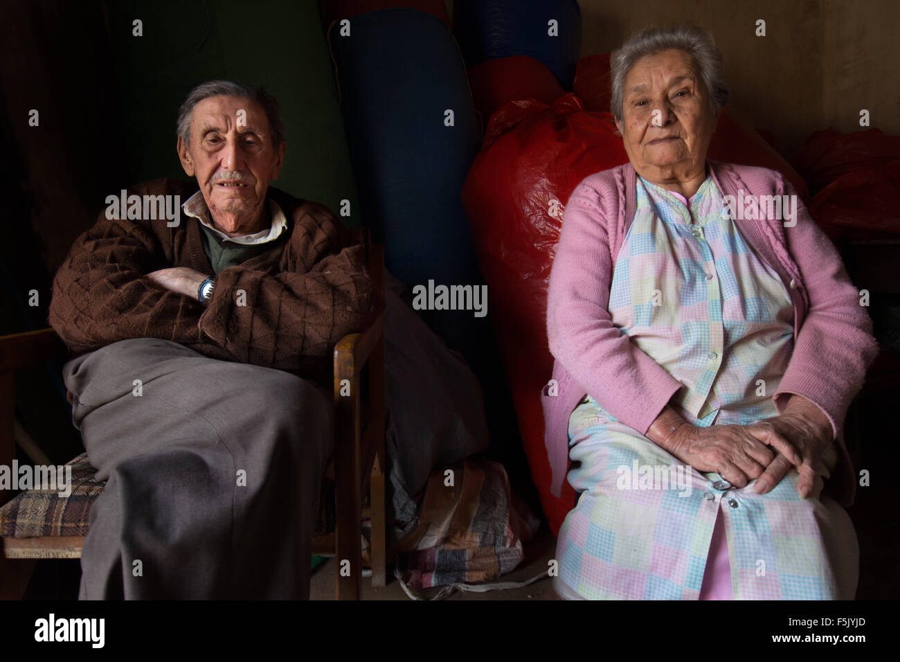 90-year-old couple, portrait, coca traders, Coroico, La Paz, Bolivia Stock Photo