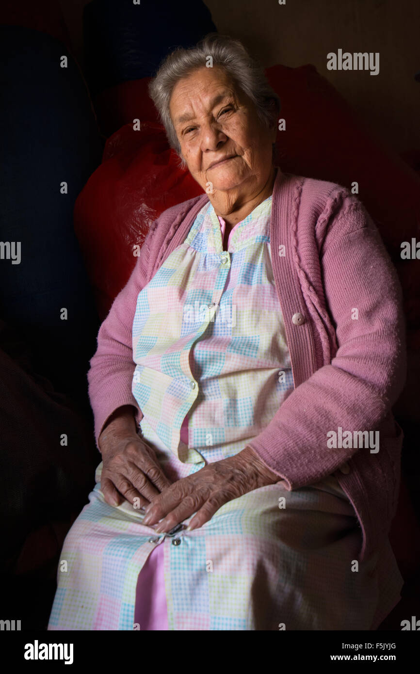 90-year-old woman, portrait, coca trader, Coroico, La Paz, Bolivia Stock Photo