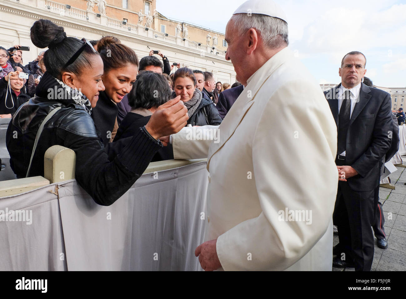 Lewis Hamilton and the actress Nicole Scherzinger meet Pope Francis in Saint Peter Square during the General Audience of 12 February 2014 Stock Photo