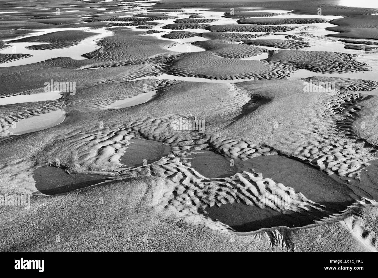 Sand ripples and pools on the beach filled with sea water at low tide. Black and white Stock Photo