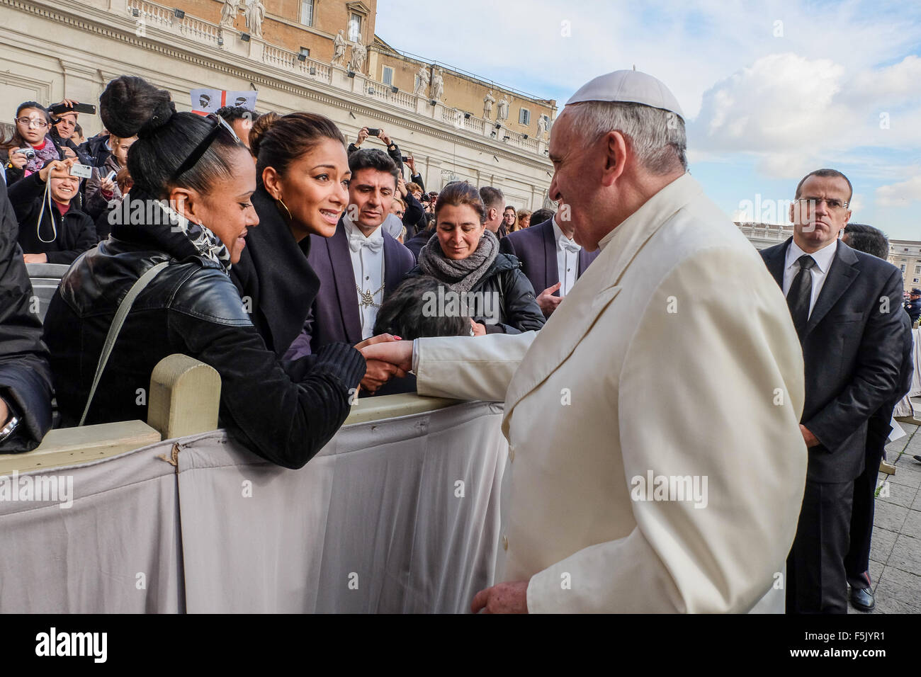 Lewis Hamilton and the actress Nicole Scherzinger meet Pope Francis in Saint Peter Square during the General Audience of 12 February 2014 Stock Photo