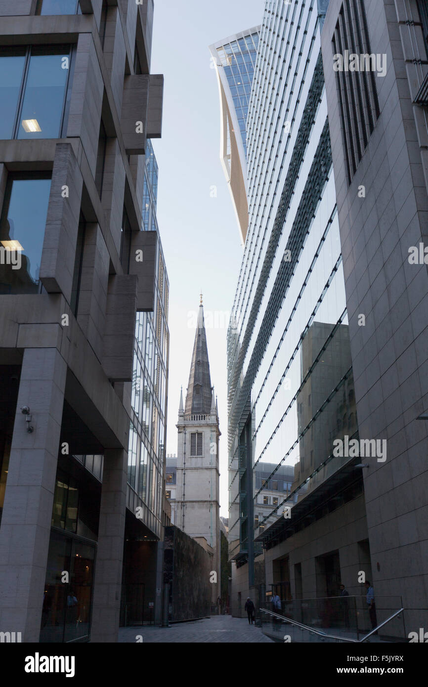 View of Saint Margaret Pattens Church from Mincing Lane, London Stock Photo
