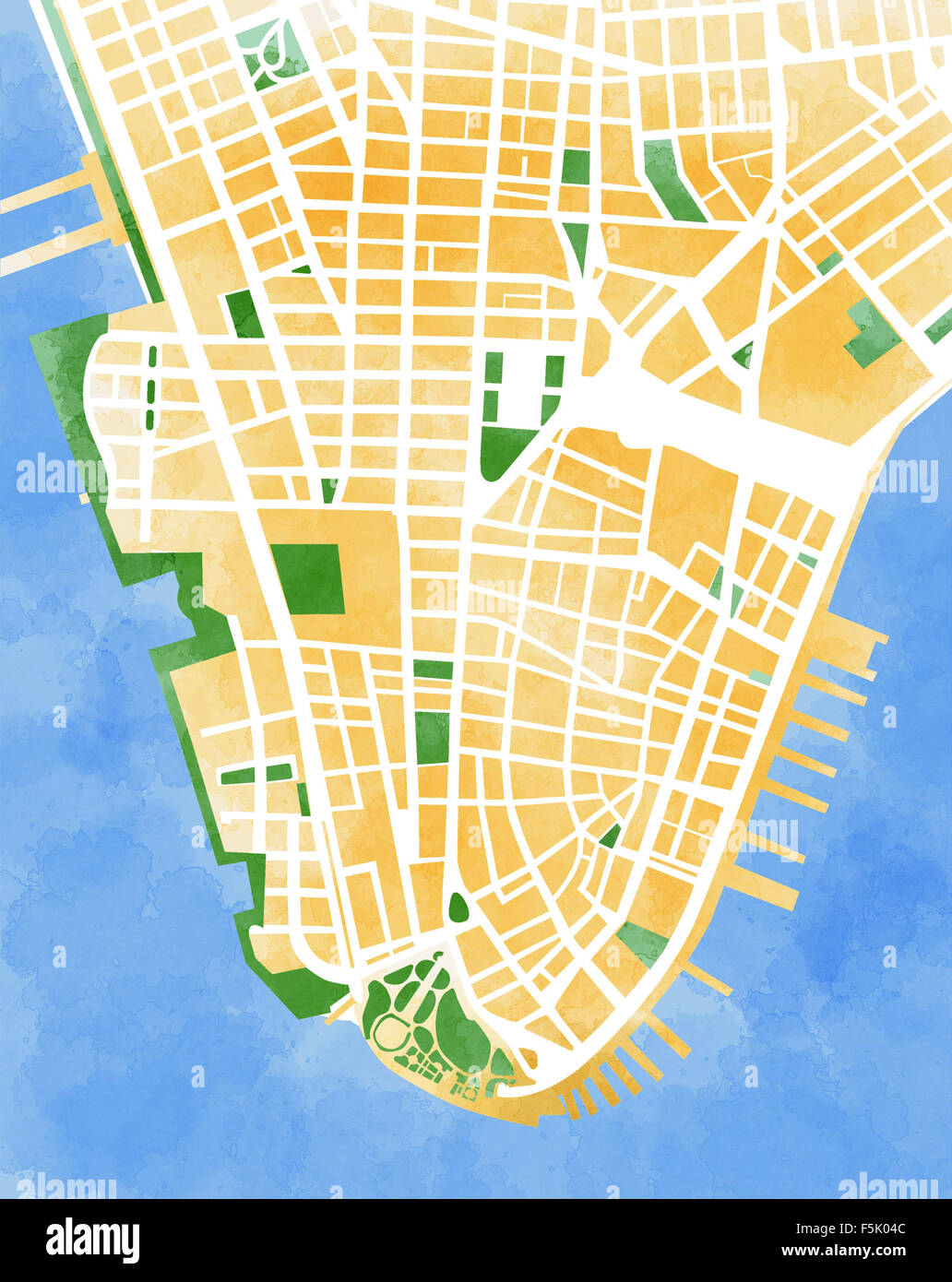 Watercolor Colorful Map Of Manhattan Island In New York Usa F5K04C 