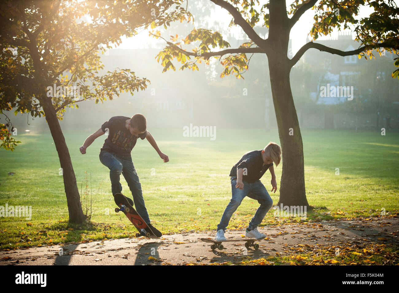 Skateboarding on a sunny autumnal day in a London park Stock Photo