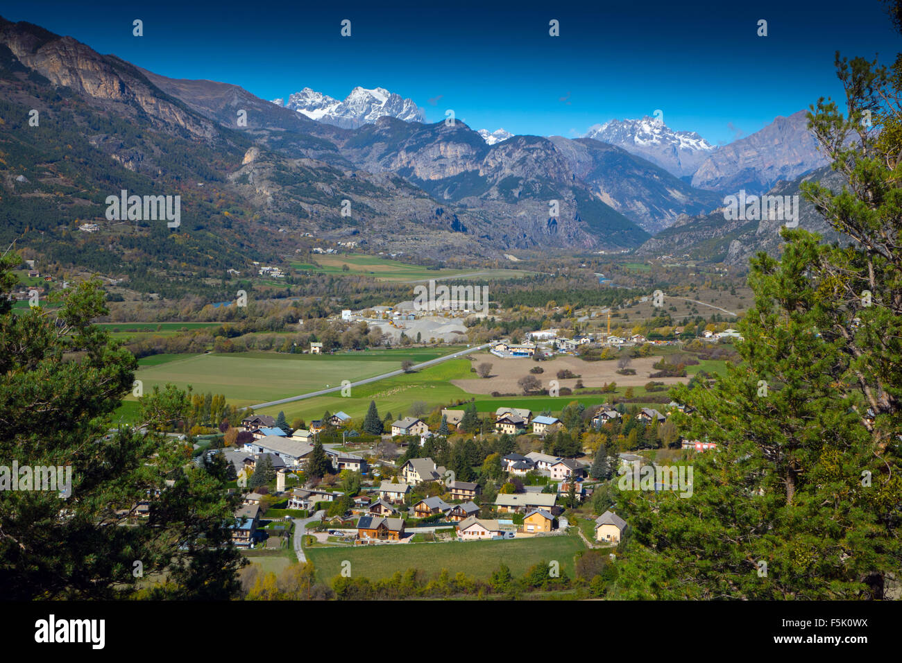 Durance valley and Mont Pelvoux from Mont-Dauphin Stock Photo