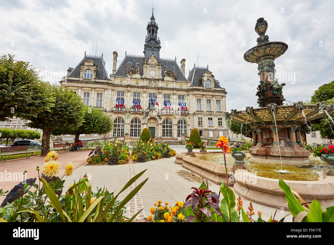 City Hall building and fountain, Limoges, Limousin, Haute-Vienne, France. Stock Photo