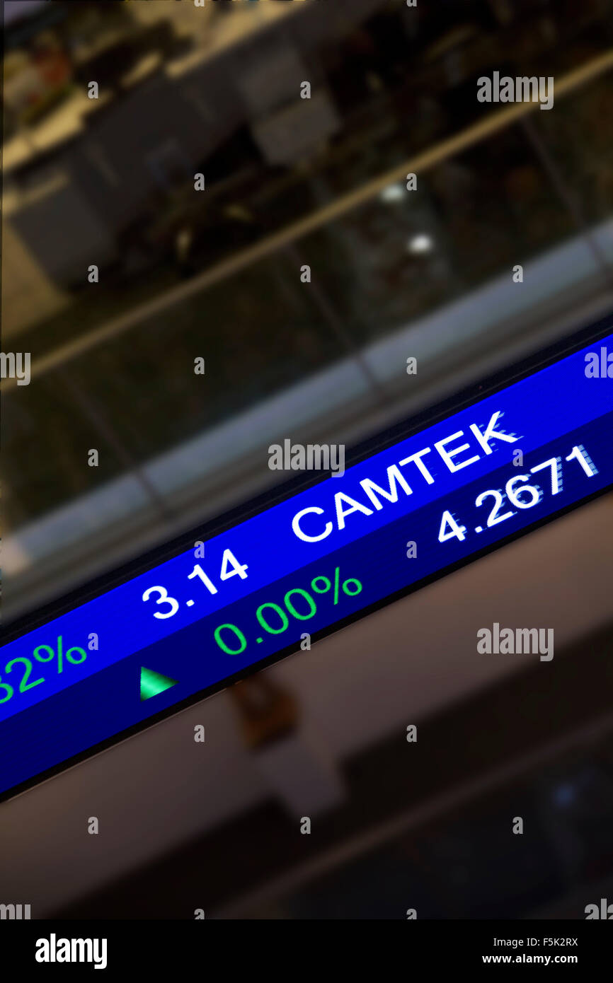 Display stock market charts on blue neon line with blurred office background Stock Photo