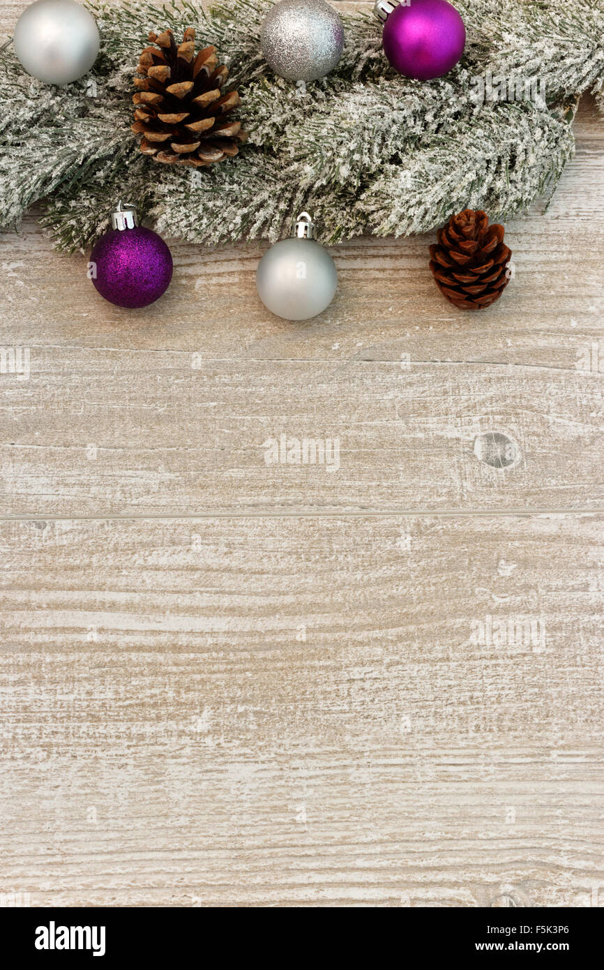Snow covered fir branches with purple and silver ornaments and cones on ...